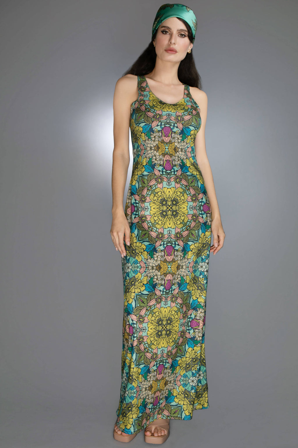 NUVULA Luxus U-Neck Soft Senfgelb Illustrationen Garten Maxi Kleid
