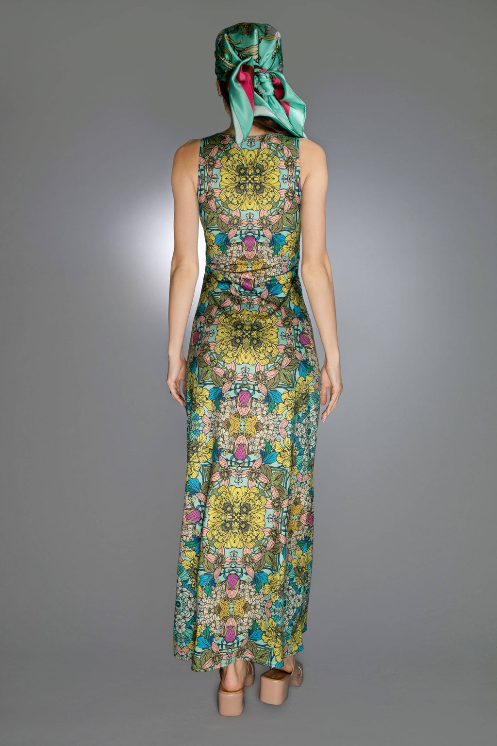 NUVULA Luxus U-Neck Soft Senfgelb Illustrationen Garten Maxi Kleid