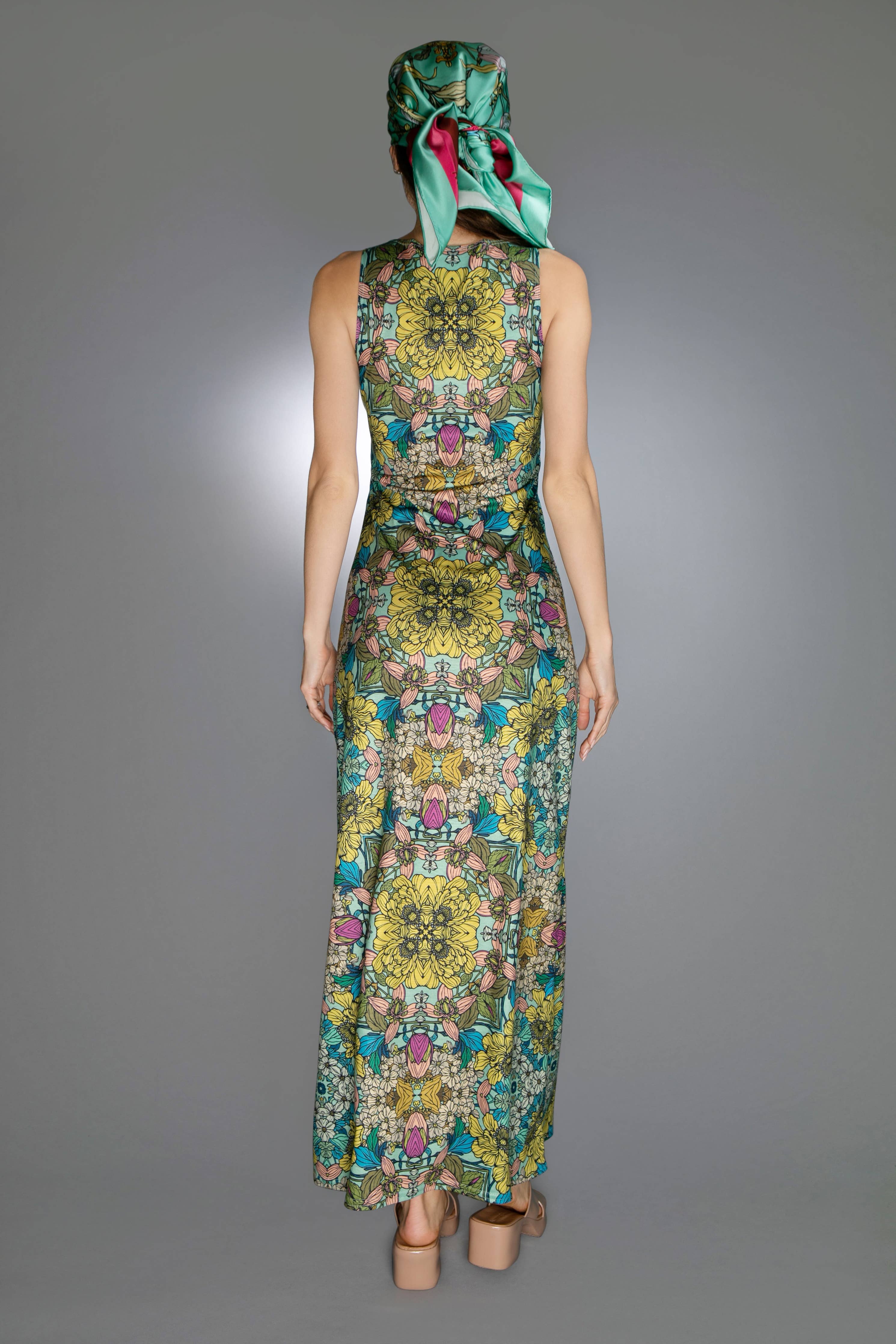 NUVULA Luxus U-Neck Soft Senfgelb Illustrationen Garten Maxi Kleid