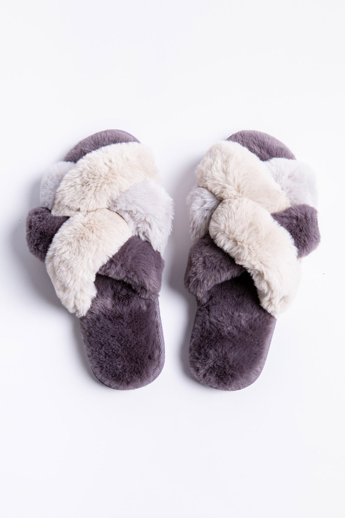 LAST ONE SZ L - PJ Salvage Luxuriös Plush Faux Fur Slippers Style RCLPSL - Schiefergrau/Stone
